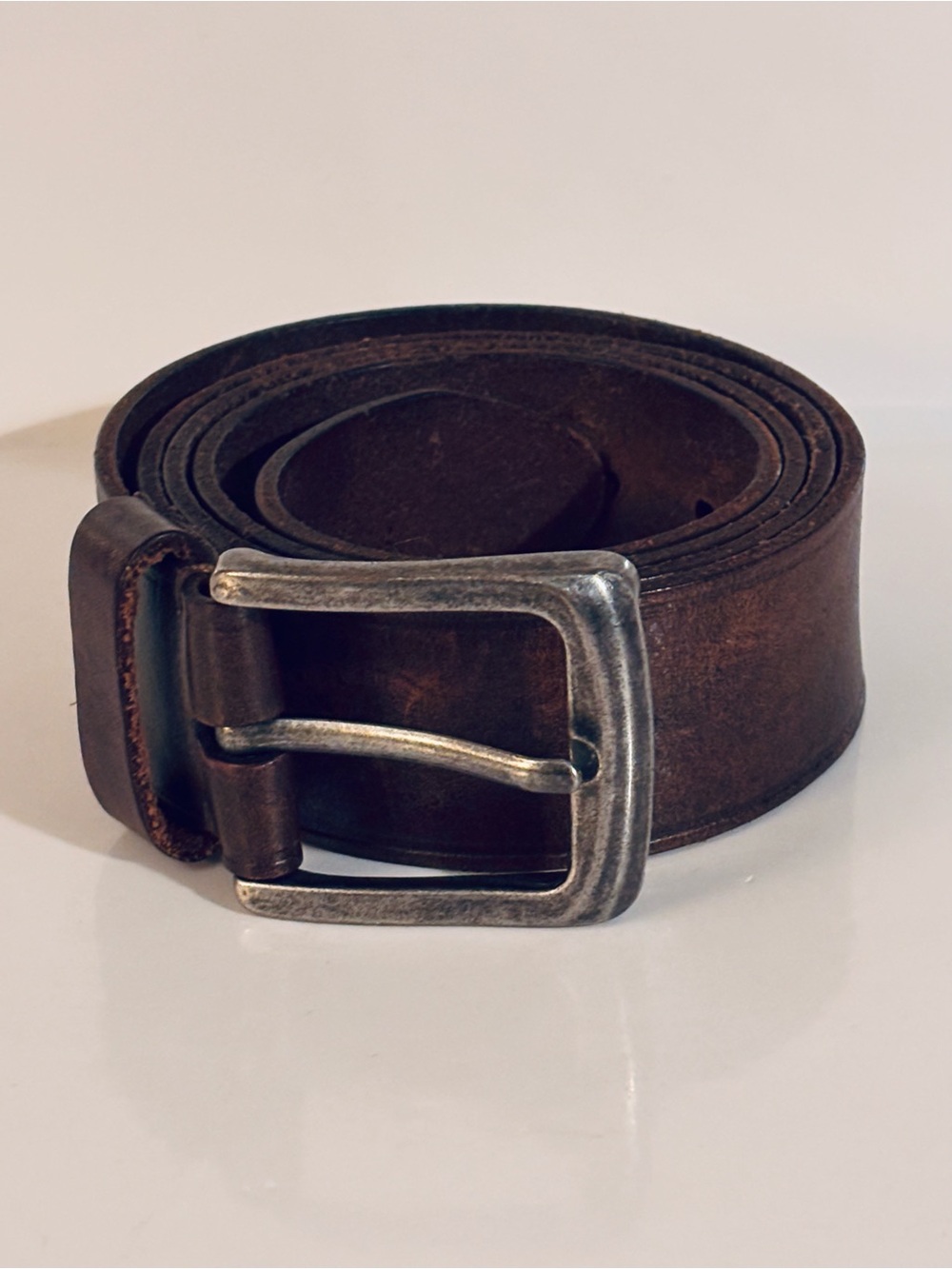 Vintage Brown Genuine Leather Casual Belt old Silver tone still Buckle